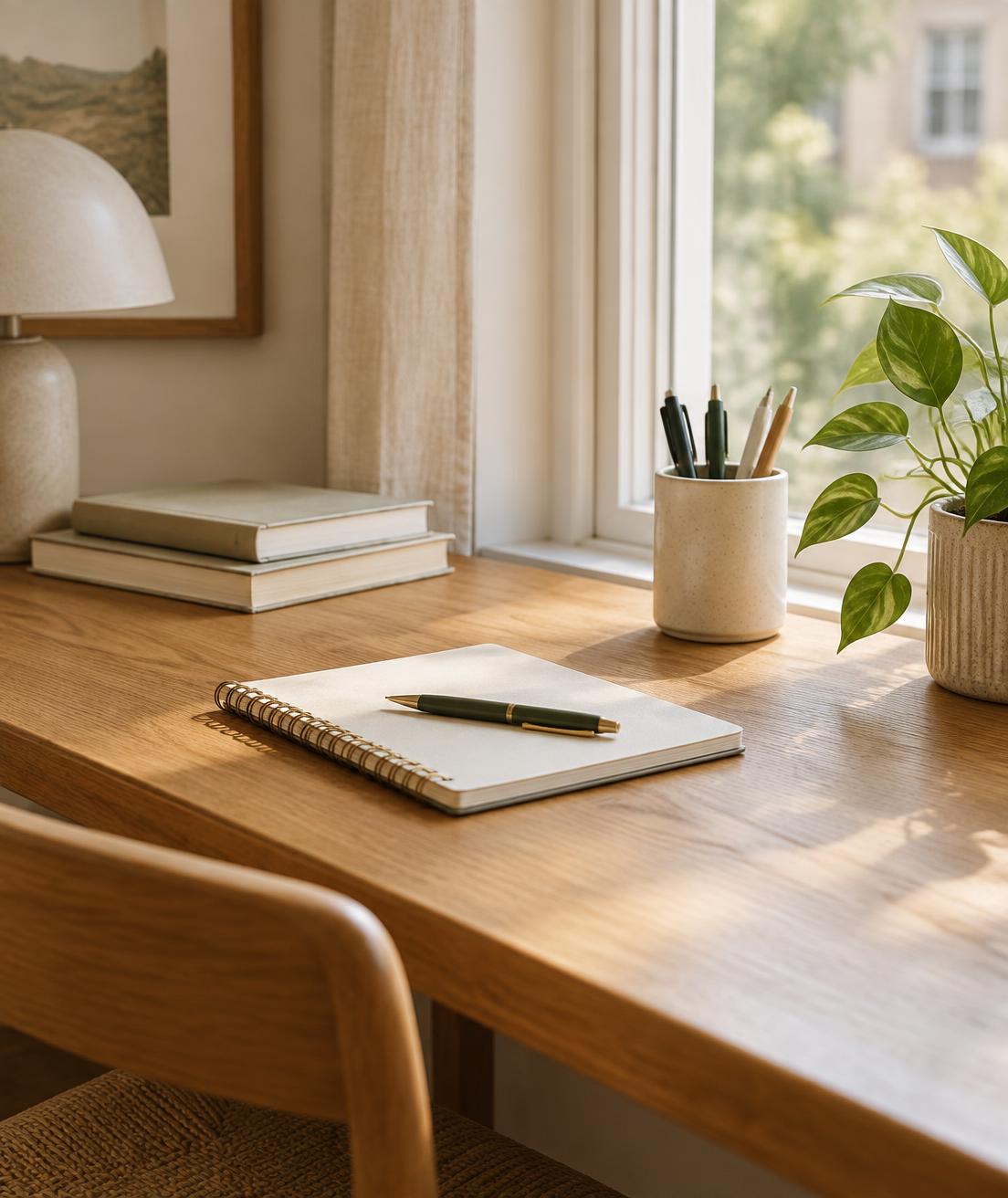 Calm wooden desk with notebook, pen cup and plant by a window