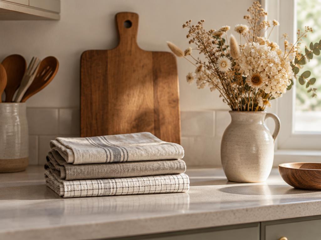 Tidy kitchen counter with folded towels and a cutting board