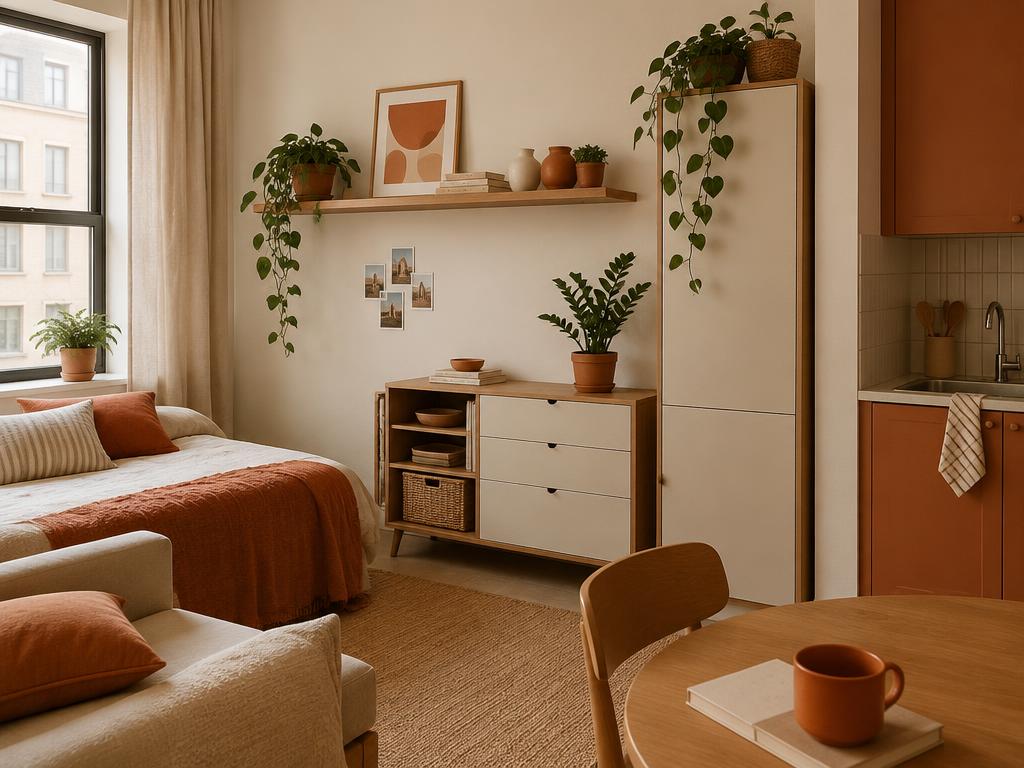 Compact studio apartment with wall shelf, plants and storage cabinet