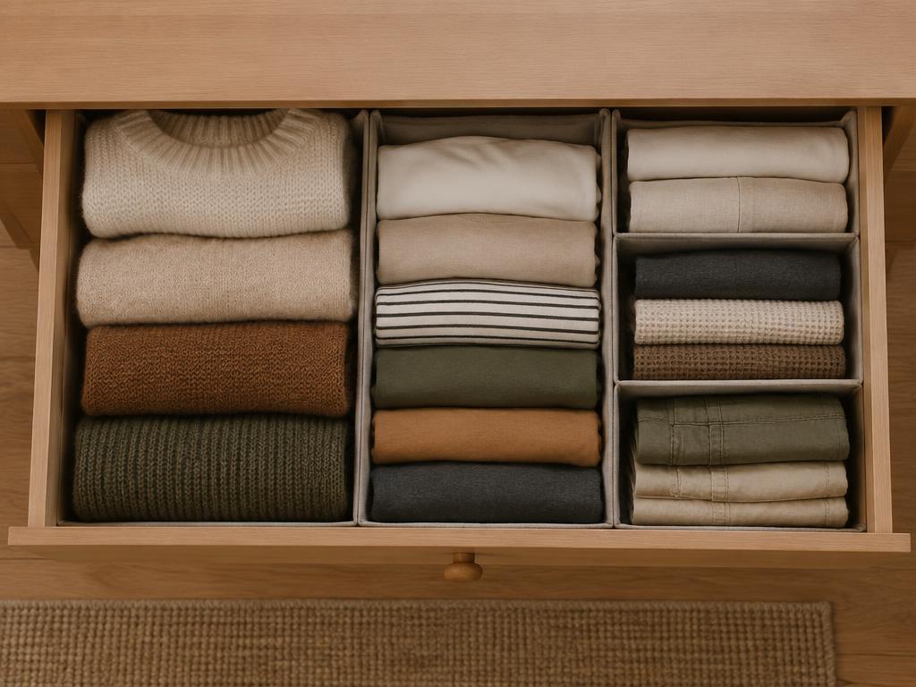 Open drawer with neatly folded clothes in fabric dividers