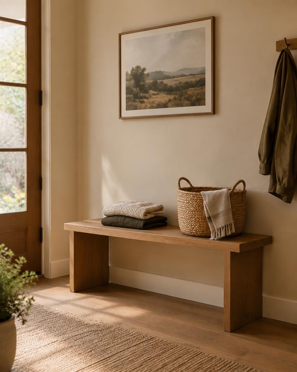 Wooden entryway bench with folded blankets and a woven basket