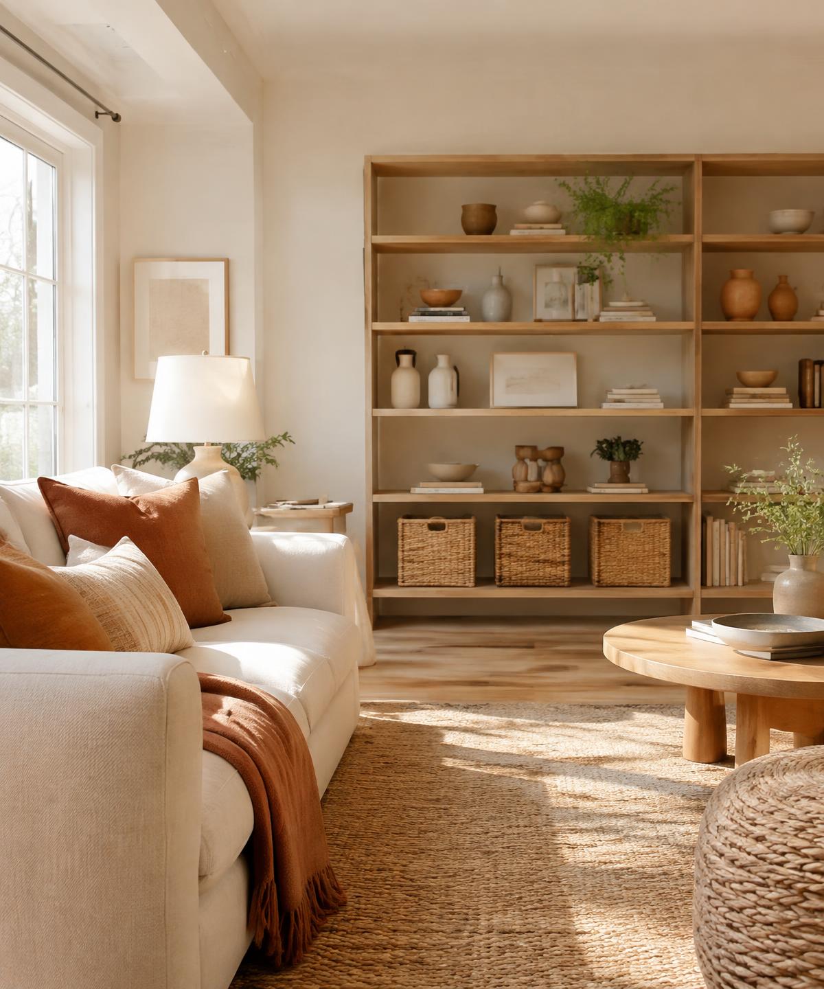 Bright neutral living room with organized wooden shelves and woven storage baskets