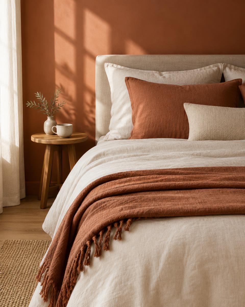 Neatly made bed with linen bedding and a terracotta throw