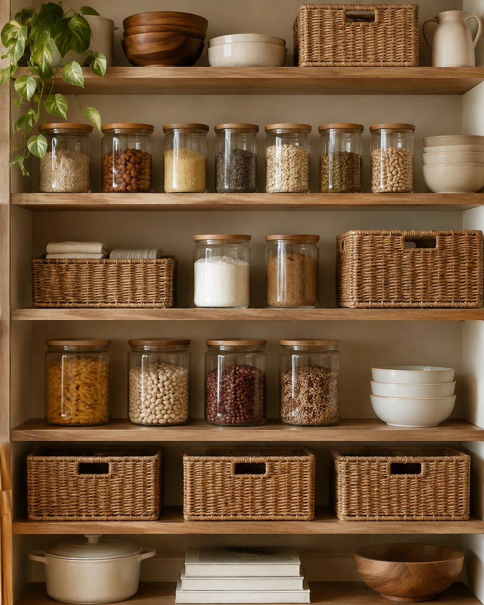 Pantry shelves with glass jars and rattan storage baskets